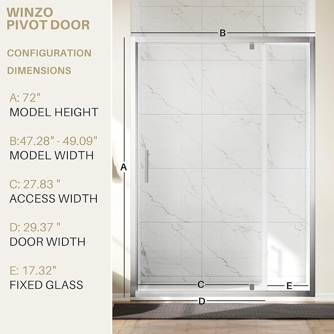 WinZo 47-48" W ×72" H Pivot Shower Door, 1/4" SGCC Clear Tempered Glass Shower - Image 6