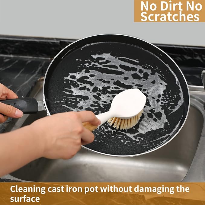 2 Pack Kitchen Dish Brush Bamboo Handle Dish Scrubber Built-in Scraper - Image 7