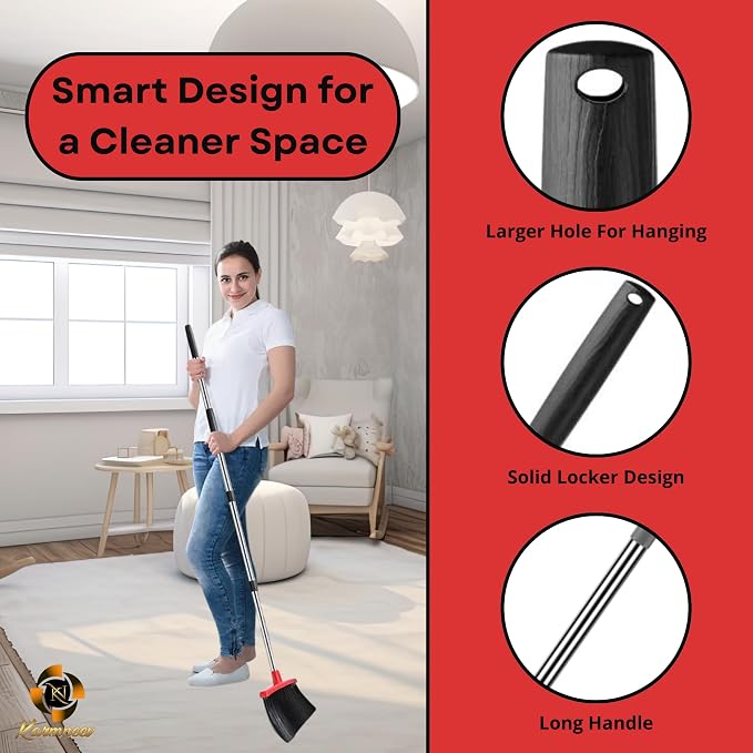 Standing Broom and Dustpan Set, Built-in Scraper Teeth, No-Slip Grip, Dust - Image 3