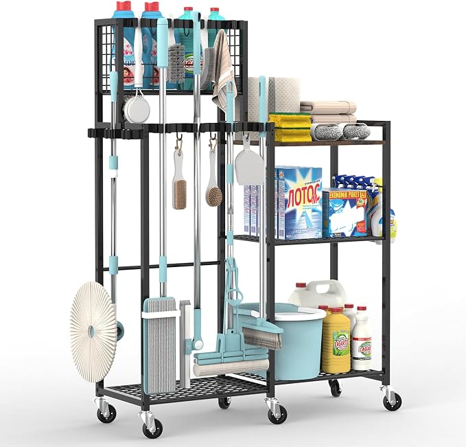 Broom Holder with Cleaning Supplies Organizer, Cleaning Cart with Broom Hanger by Unknown