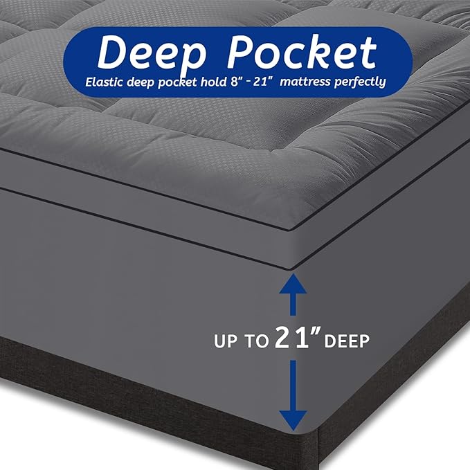 Full Size Mattress Topper for Back Pain, Cooling Extra Thick Mattress Pad Cover with 8-21 inch Deep Pocket, Plush Pillow Top Mattress Topper Overfilled with Down Alternative, Full Size, Dark Grey