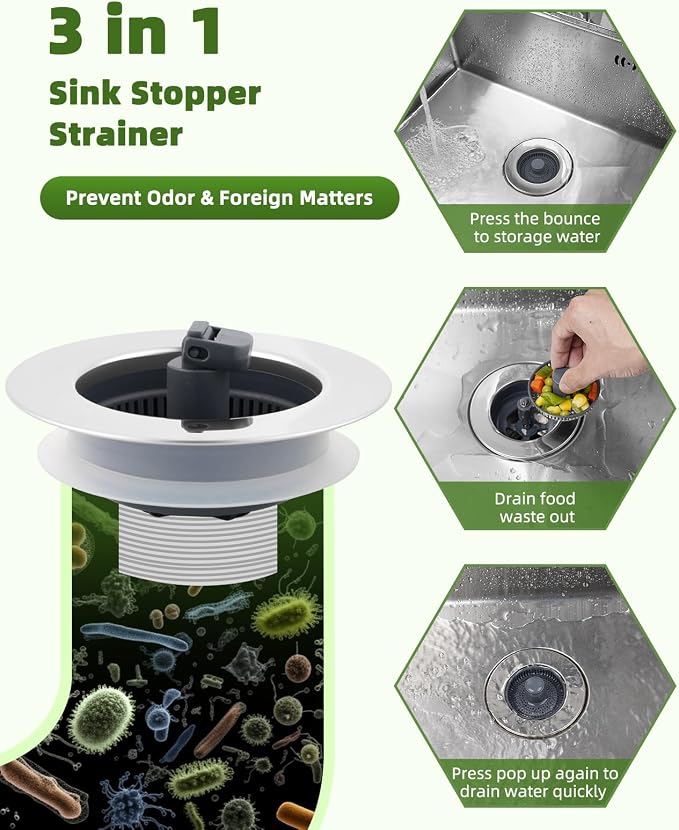 Universal 3-in-1 Kitchen Sink Strainer Stopper Pop Up Sink Drainer - Image 2