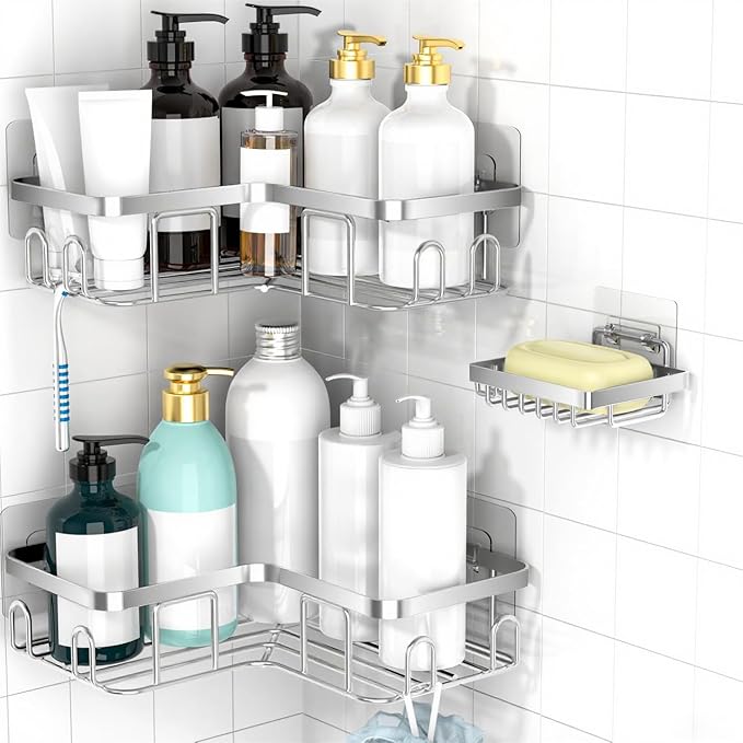 Moforoco Corner Shower Caddy Shelf Organizer Rack, Self Adhesive Black Bathroom by MOFOROCO