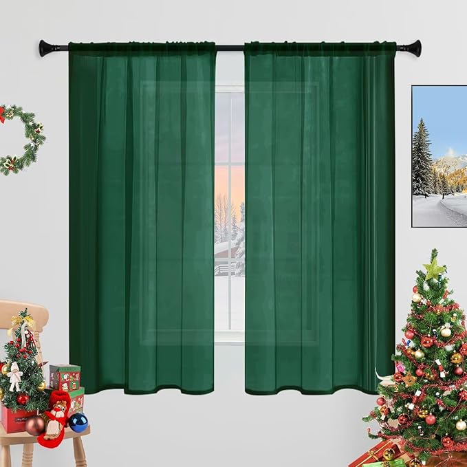 Sheer Curtains 45 Inches Long 2 Panels, Rod Pocket Short Curtain for Kitchen, Bedroom, Cafe Window(Foliage Green 38" W x 45" L)