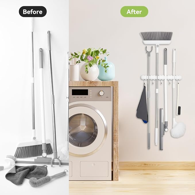 OTraki Broom Holder Wall Mount, Heavy Duty Wood Mop and Broom Organizer - Image 2