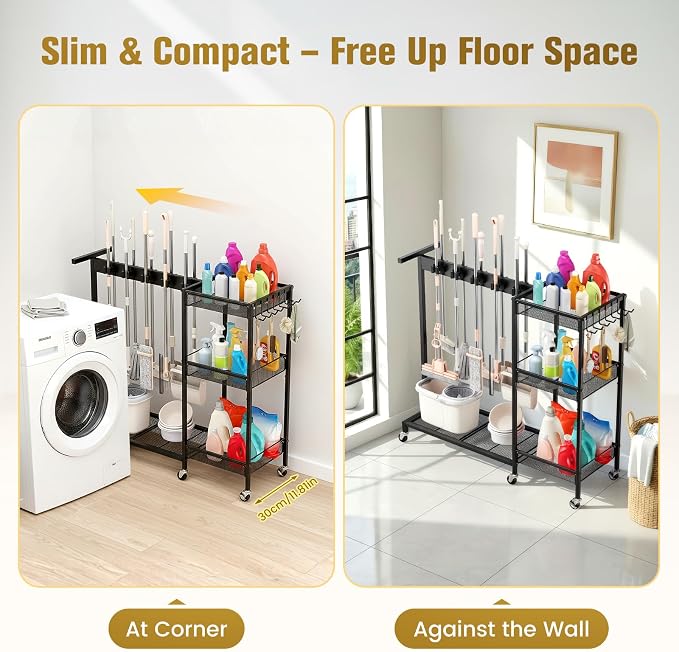 Broom Holder with Cleaning Supplies Organizer, Cleaning Utility Cart on Wheels - Image 5