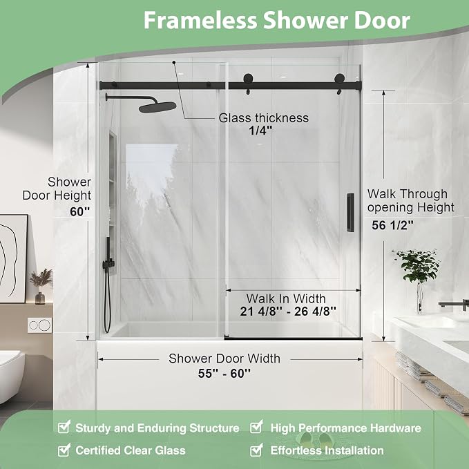KPUY Frameless Sliding Bathtub Door, 55-60" W x 60" H Tub Shower Door, 1/4" - Image 4
