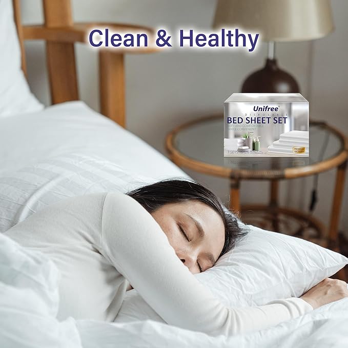 UNIFREE 7 Sets Disposable Bed Sheets Travel Sheets for Hotel,Portable Bedding Cover Bedspread, Disposable Bedding Set (79" *91")