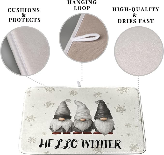 Winter Gnome Dish Drying Mat for Kitchen Counter 16x18 Christmas Snowflakes - Image 3