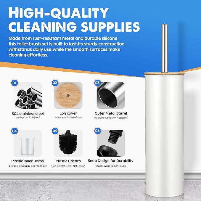 Compact Toilet Brush & Holder, SetStainless Steel Handle Toilet Brush, Deep - Image 3