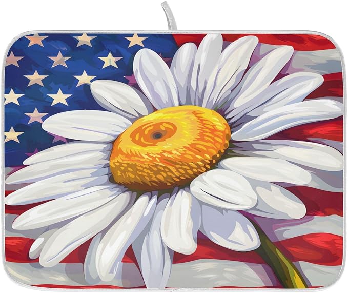 Daisy Flowers and American Flag Dish Drying Mat by ALAZA