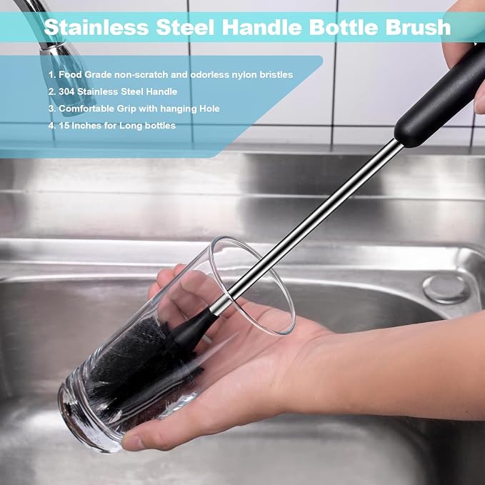 Water Bottle Brush & Straw Cleaner Set, Stainless Steel Long Handle Baby Bottle - Image 2