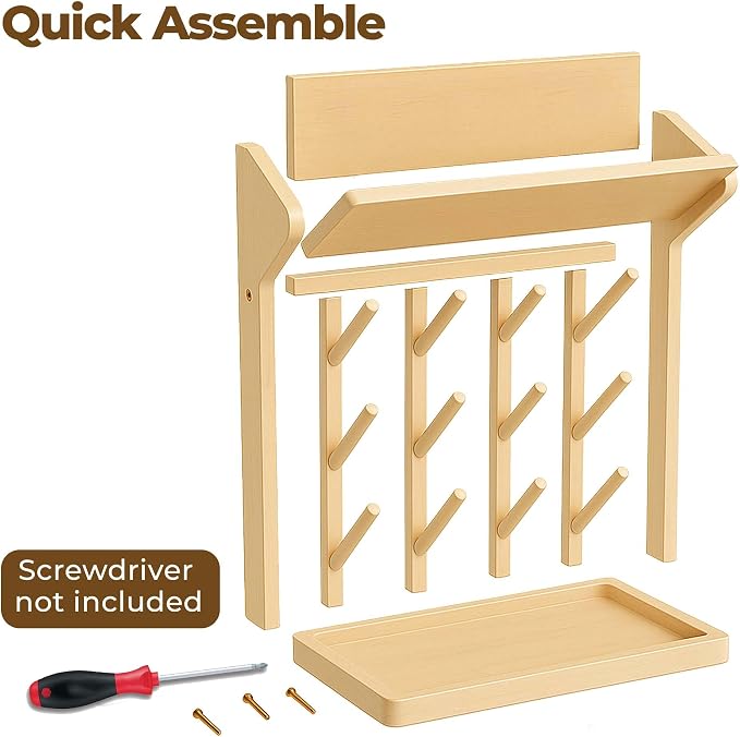 Natural Vertical Bottle Drying Rack Rubber Wood 9 Hooks, Use - Image 3
