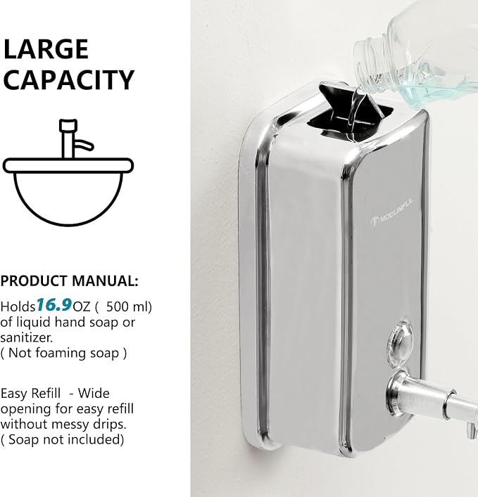 Stainless Steel Soap Dispenser for Home – 16.9oz Wall Mount, Anti-Leak Pump - Image 4