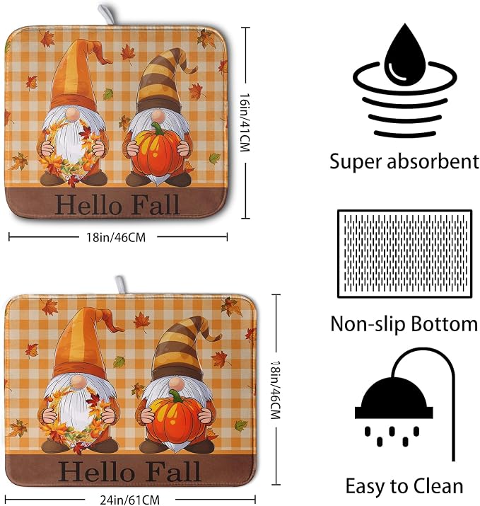 Hello Fall Autumn Gnomes Dish Drying Mat 16x18 Thanksgiving Pumpkin Maple - Image 2
