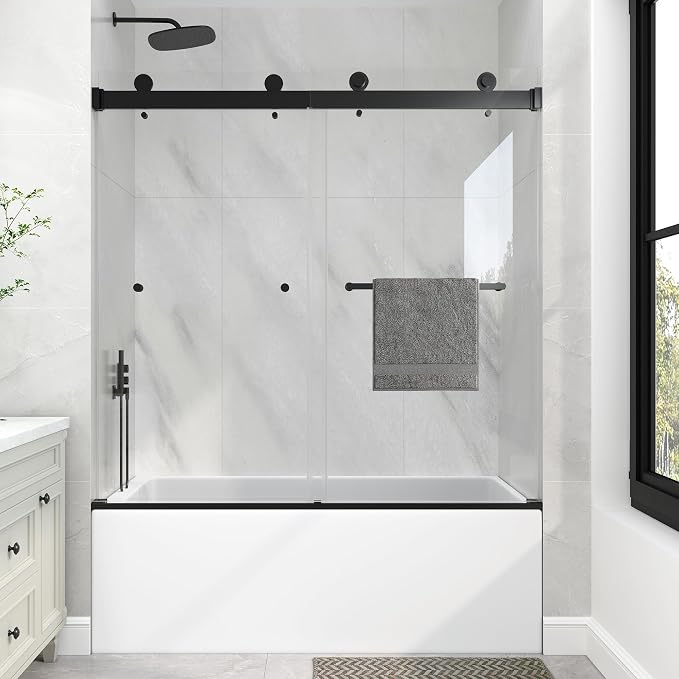 KPUY Frameless Tub Shower Door, 55-60" W x 60" H Double Sliding Bathtub Door by KPUY