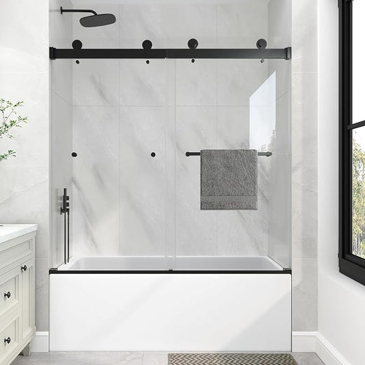 KPUY Frameless Tub Shower Door, 55-60" W x 60" H Double Sliding Bathtub Door by KPUY