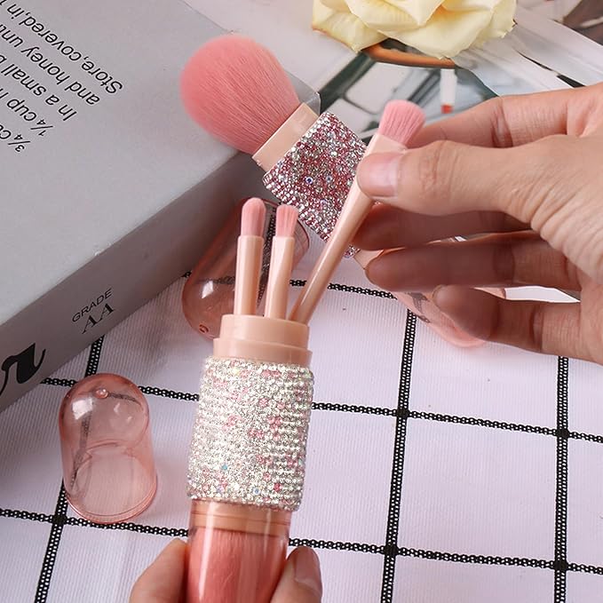 WOKOTO 4 in 1 Pink & White Diamond-Embellished Makeup Brushes - Image 4