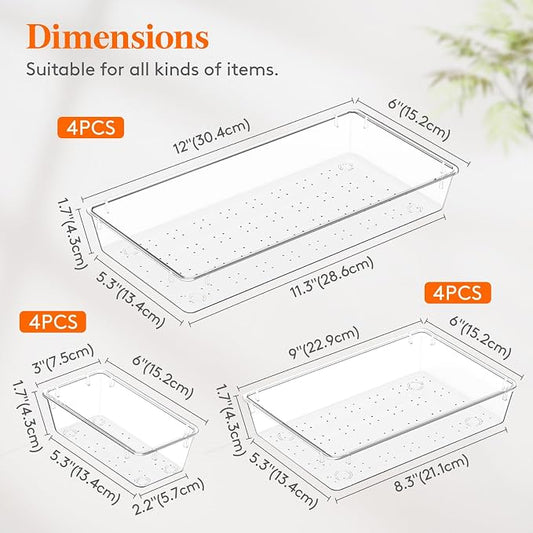 Lifewit 12 Pcs Large Bathroom Drawer Organizers, 3 Sizes Clear Plastic Storage - Image 2