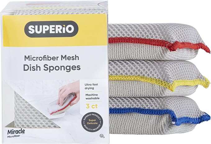 Microfiber Dish Sponge – Non-Scratch Kitchen Scrubber, Heavy-Duty Household by Superio
