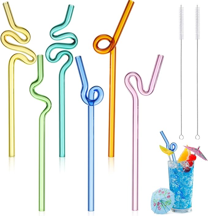 Yinkin 6 Pcs Wavy Glass Straws Reusable Curved Straw Shatter Resistant by Yinkin