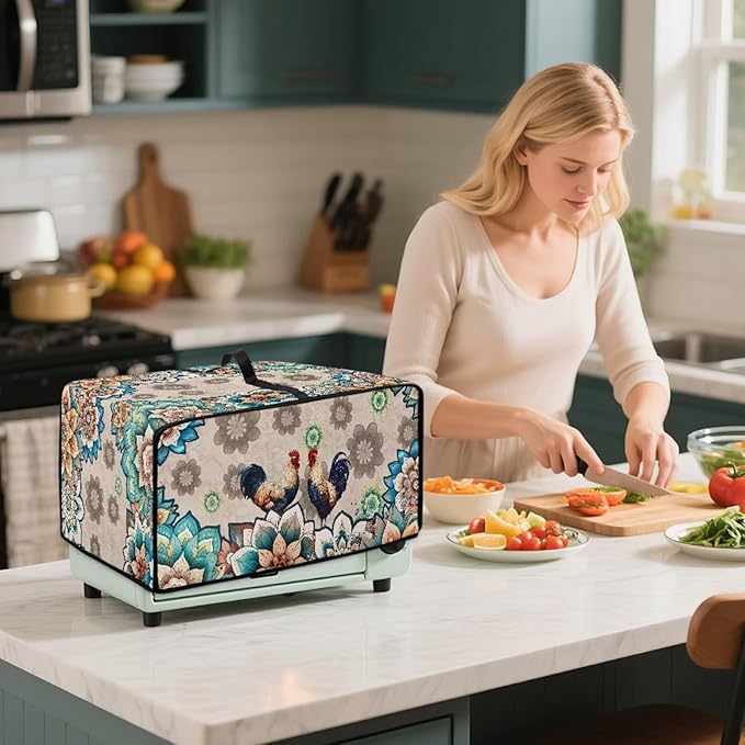 Rooster Boho Mandala Floral Print Microwave Oven Dust Cover Polyester-Linen Fabric Microwave Oven Cloth Cover Universal Case Protections Protector with Storage Bags, M