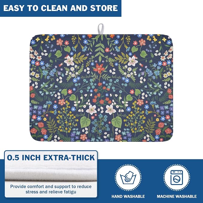 Flower Floral Dish Drying Mat 18x24 inch Microfiber Navy Blue Drying Mats - Image 8
