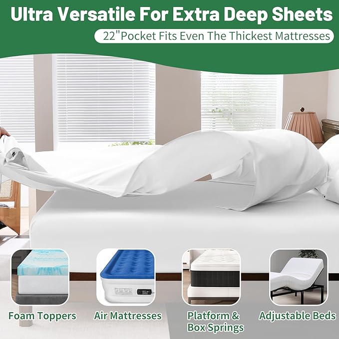 Extra Deep Pocket Queen Sheets 18-24 Inch 1000 Thread Count 100% Egyptian Cotton Sateen Weave Soft Breathable 4 Pieces（Queen,White）