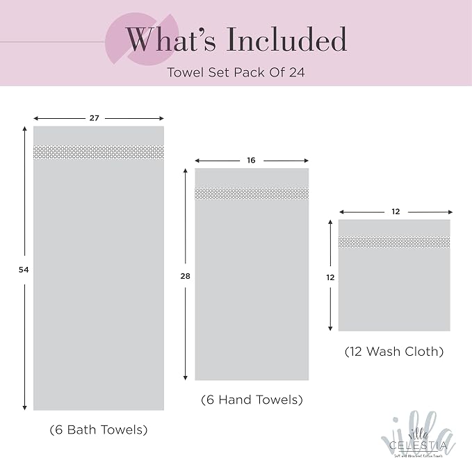 100% Cotton Bath Towel Set of 24-6 Bath Towels, 6 Hand Towels, 12 Wash Cloths - Image 2