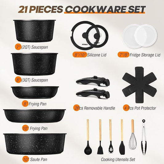 pots and Pans Set, Nonstick Cookware Set Detachable Handle, Induction Kitchen - Image 2