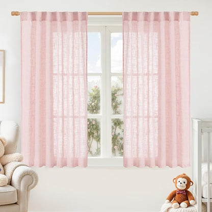 LAMIT Semi Sheer Linen Curtains 45 Inches Long, Light Filtering Panels Back Tab and Rod Pocket Neutral Drapes for Girls Room/Window/Bedroom, Pink, 2 Panels, 52 x 45 Inch