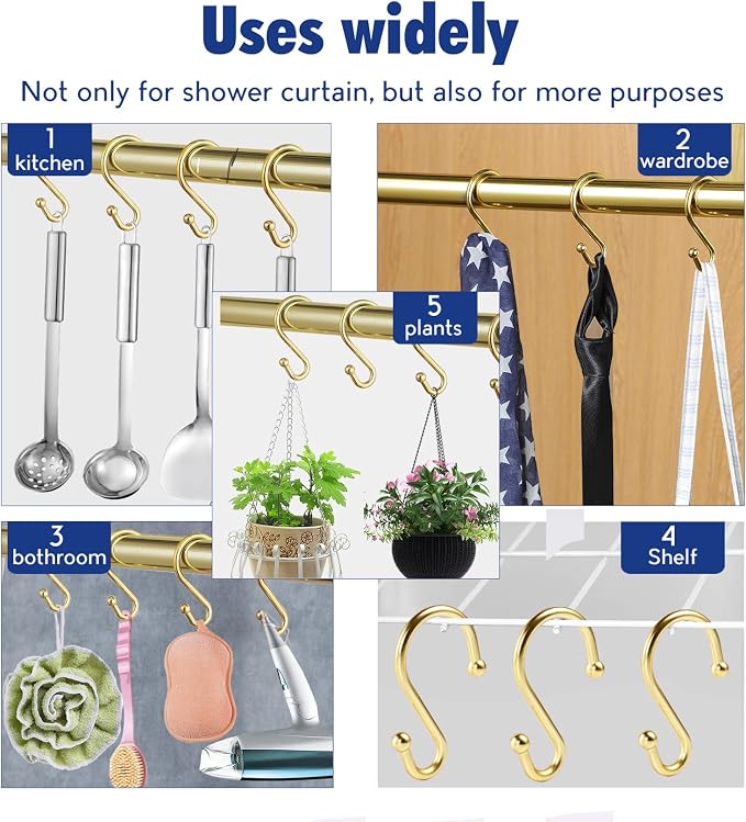 Metal Shower Curtain Hooks，Set of 12 Rings，Rust Resistant S Shaped Hooks Hangers - Image 6