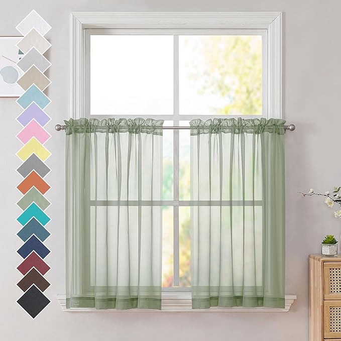 OVZME Sage Green Sheer Curtains 36 inches Long, Short Kitchen Window Treatment Solid Sheers Cafe Curtains Bathroom Voile Half Window Panels, Rod Pocket, 42" Wx36 L