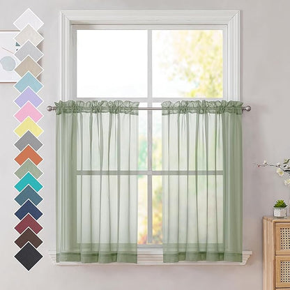 OVZME Sage Green Sheer Curtains 36 inches Long, Short Kitchen Window Treatment Solid Sheers Cafe Curtains Bathroom Voile Half Window Panels, Rod Pocket, 42" Wx36 L
