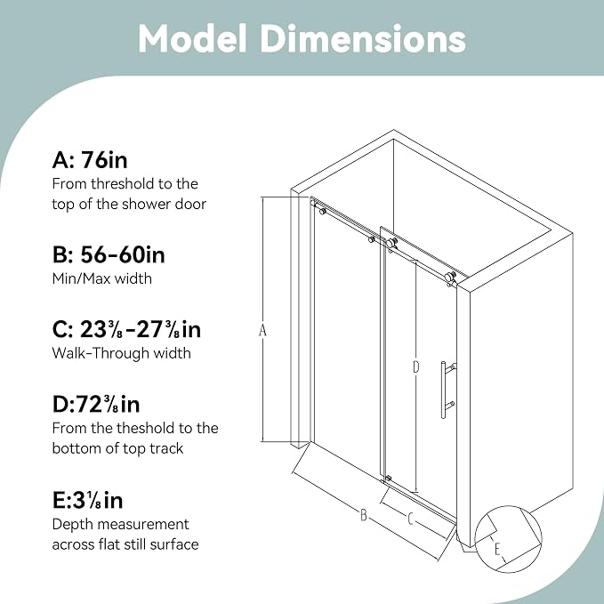 56-60" W x 76" H Stainless Steel Frameless Single Sliding Shower Door, 1/4" - Image 6