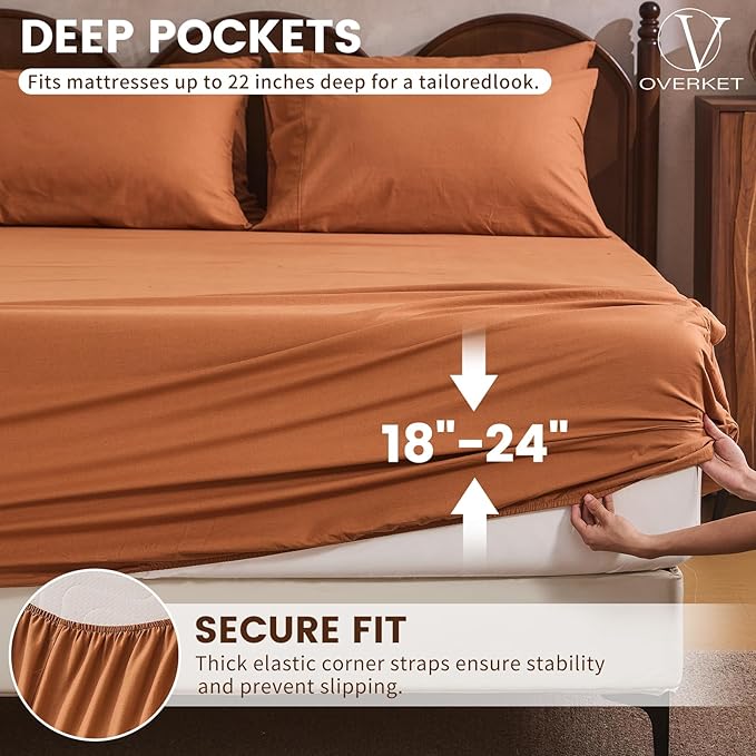 100% Linen Sheet Set Cal King Size Extra Deep Pocket Fits 18-24 Inch Mattress, Breathable & Soft, Smooth 6-Piece Set for Thick Mattresses Hotel Luxury Bedding（Cal King, Brown）
