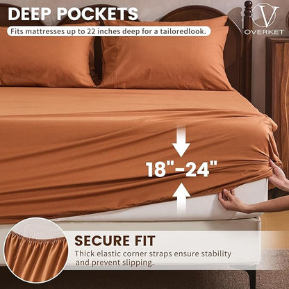 100% Linen Sheet Set Cal King Size Extra Deep Pocket Fits 18-24 Inch Mattress, Breathable & Soft, Smooth 6-Piece Set for Thick Mattresses Hotel Luxury Bedding（Cal King, Brown）