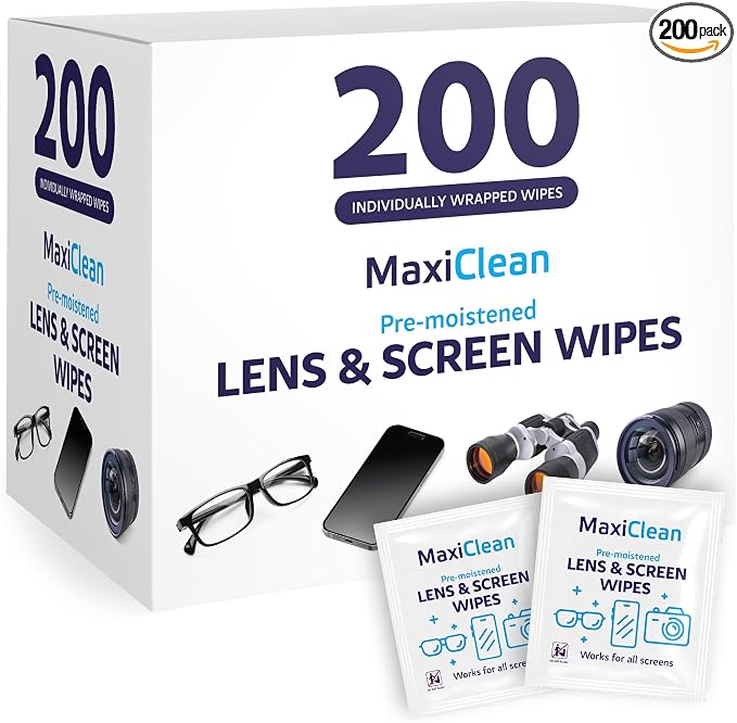 Lens Wipes for Eyeglasses – 200 Lens Wipes Individually Wrapped, Pre-moistened by Maxi+Clean