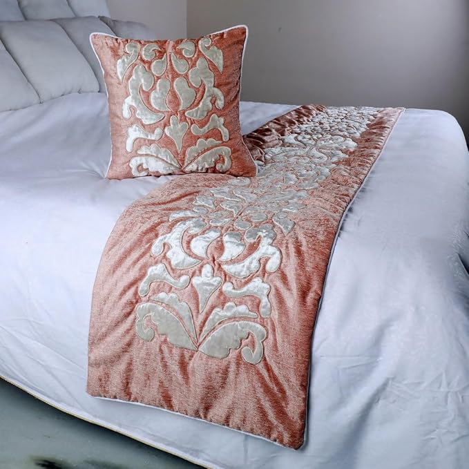 The HomeCentric Decorative Peach & Ivory Twin 53 x 18 inch Bed Runner with Pillow Cover Set, Velvet Applique Bed Scarf, Abstract Modern - Peach Elegance