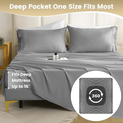 King Sheet Set - 4 Piece Silky Ultra Soft Breathable Bed Sheet Set, 16" Deep Pocket for Mattress, Hotel Luxury King Size Sheets & Wrinkle Free,Easy Care Cooling Bedding Sheets,Light Grey