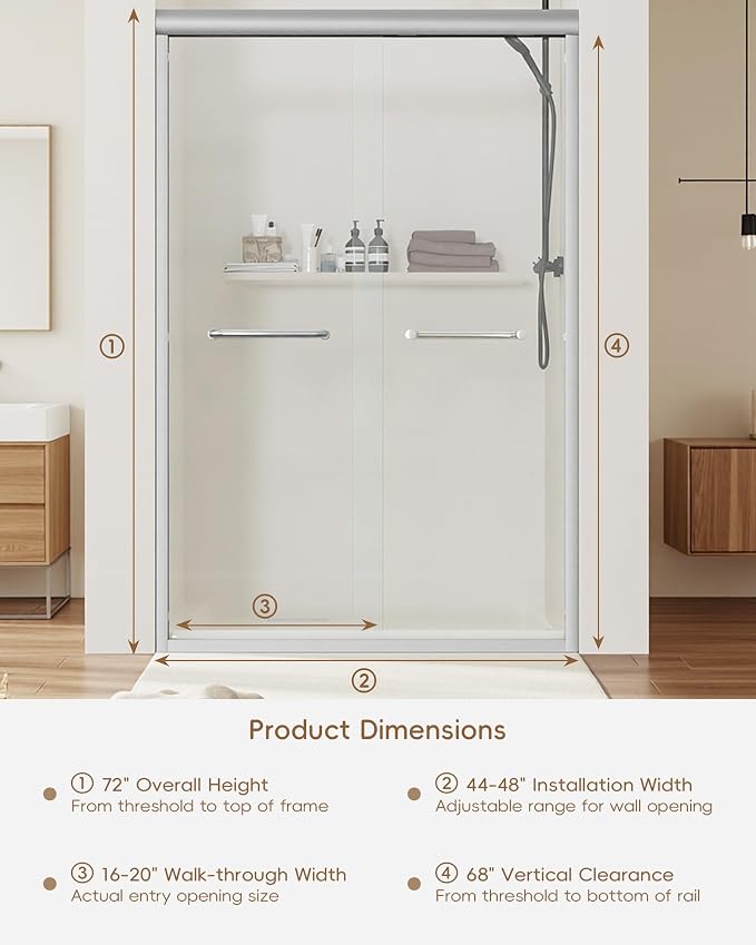 Shower Door 44-48'' W x 72'' H Semi-Frameless & Double Sliding, 1/4 inch - Image 9