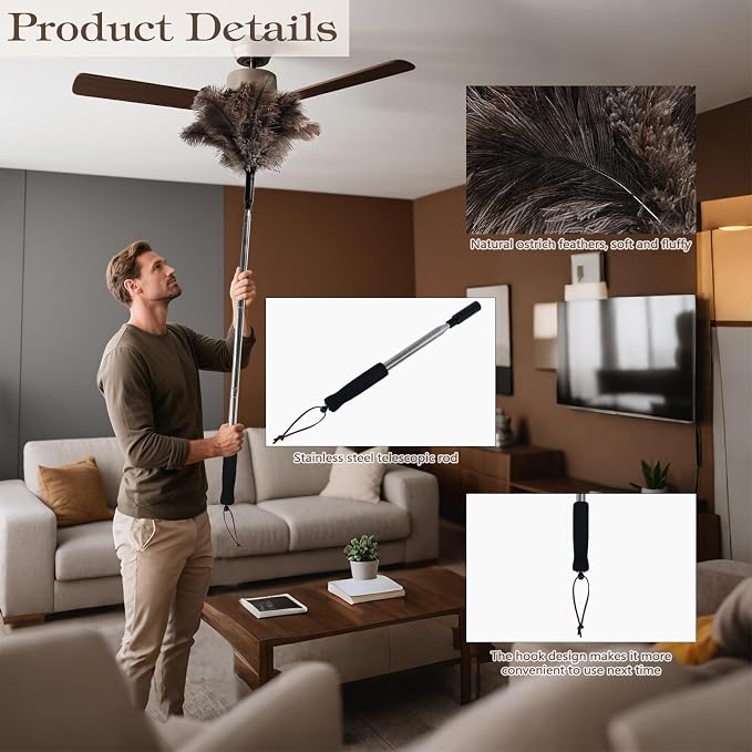 Telescopic Ostrich Feather Duster, 59-inch Naturally Fluffy Long-Handled - Image 4