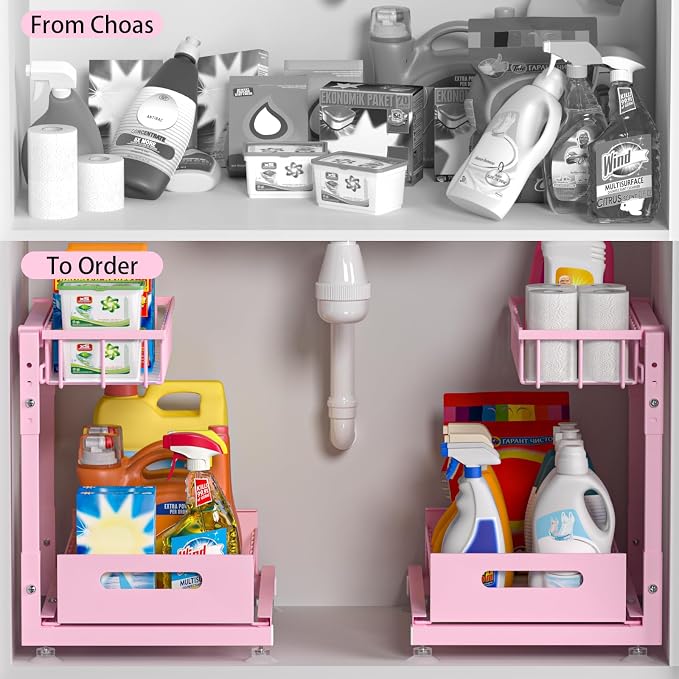 L-Shaped Under Sink Organizer, 2 Pack 2-Tier Pull Out Metal Kitchen Cabinet - Image 2