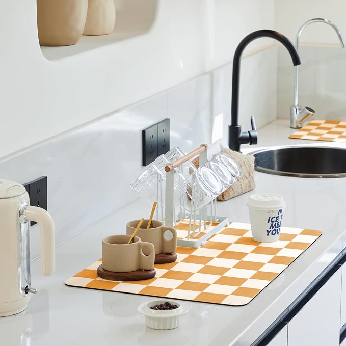Checkered Dish Drying Mat for Kitchen Counter, Coffee Bar Station Accessories by Ohocut