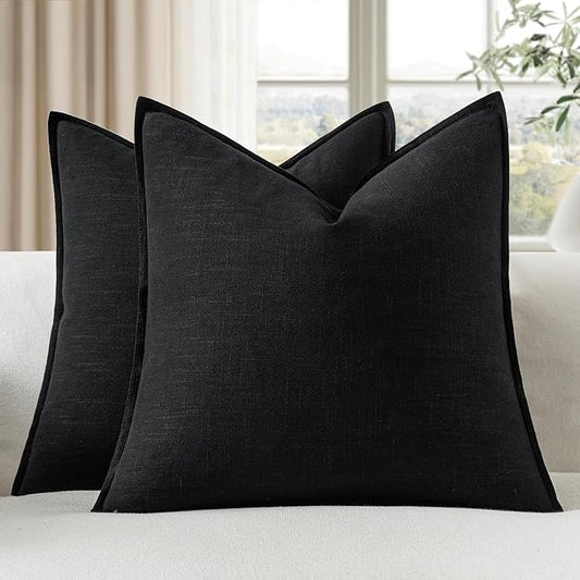 EMEMA Decorative Linen Throw Pillow Covers 20x20 Inch Black Boho Farmhouse Neutral Couch Throw Pillows for Bed Pack of 2 Accent Pillowcase Modern Sofa Cushion Livingroom Home