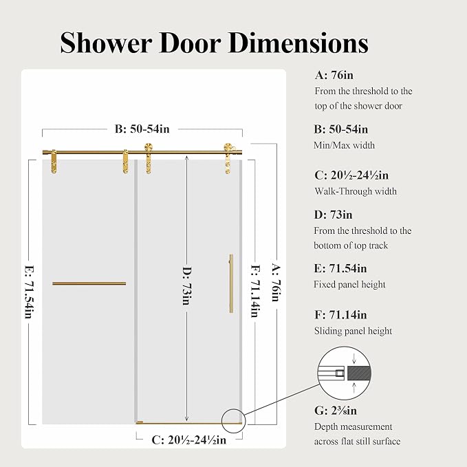 50-54" W x 76" H Frameless Sliding Shower Door, Safety Bathroom Single Sliding - Image 2
