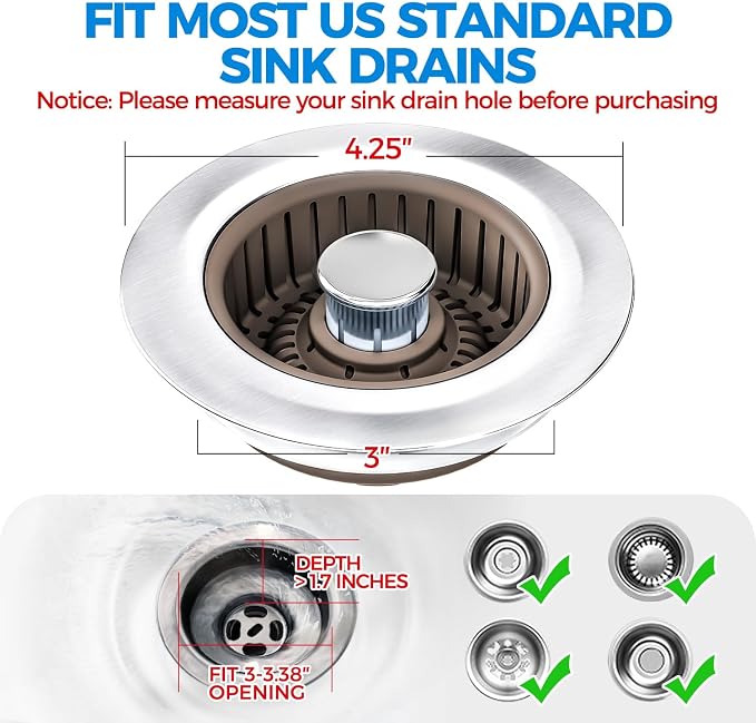 Upgraded 3in1 Kitchen Sink Drain Strainer & Sink Stopper, Stainless Steel - Image 6