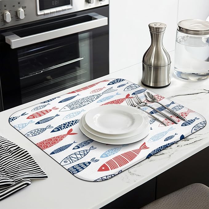 Fish Dish Drying Mat for Kitchen Countertops, Japanese Fish Pattern Microfiber - Image 3