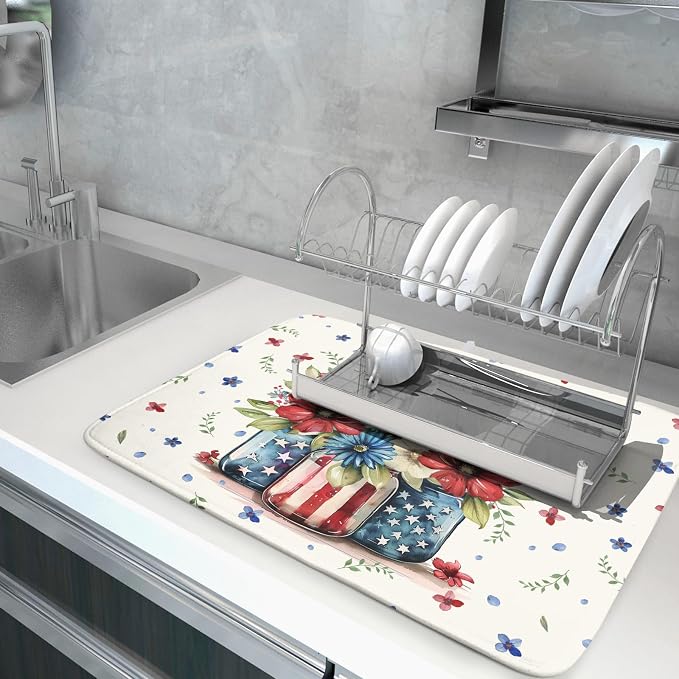 Giwawa American Patriotic Floral Dish Drying Mat Flower Vase Drainer Rack Mats - Image 5