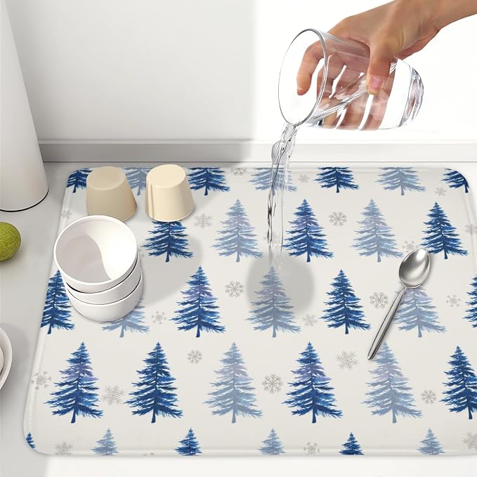 Winter Dish Drying Mat 18 x 24 Inch Blue Tree Dish Drying Pad Absorbent - Image 6